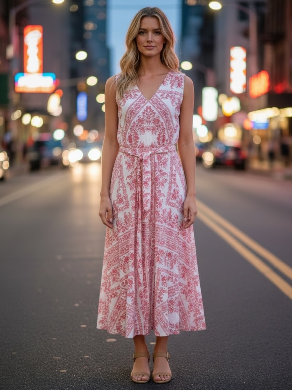 Calvin Klein Pink and White Sleeveless V-Neck Sundress